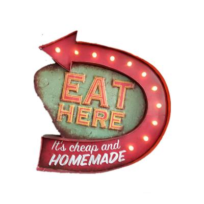 China Europe LED Metal Light Bar Decorative Sign Metal Wall Light Neon Sign EAT HERE Cafe Retro Signs for sale