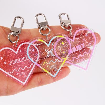 China Custom Pink Transparent Glitter Hotel Enamel Collection Colorfil Diamond Heart Key Charm Engraved Acrylic Key Chain for sale