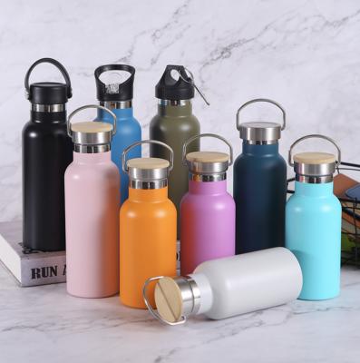 China Sustainable 500ml Hot and Cold Sports Water BottlesStainless Steel Vacuum Flask with Logo Custom Wooden Lid for sale