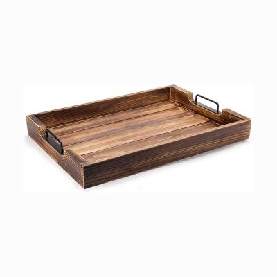 China Europe Rustic Burnt Wood 20-Inch Serving Tray with Modern Black Metal Handles Handmade Wooden Tray for sale