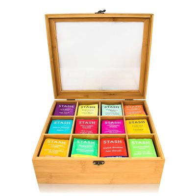 China Handmade Bamboo Tea Box Natural Wood Tea Organizer Bags Holder With Storage 8 Compartment Wooden Box With Lid for sale