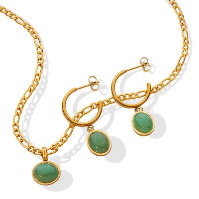 China TRENDY Statement18K Gold Plated Ethnic Women's Necklace Earrings Stainless Steel Natural Green Stone Pendant Style Jewelry Set for sale