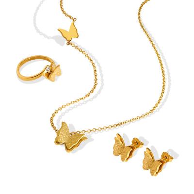 China Trendy INS Trendy 18k Gold Plated Frosted Stainless Steel Butterfly Choker Necklace Double Earring Ring Jewelry Set for sale