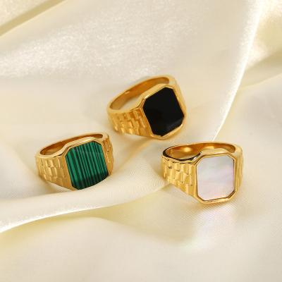 China Hiphop Pearly Malachite Shell 18K Gold Stainless Steel Jewelry Chunky Ring Rectangle Woman Accessories Chunky White Seal Ring for sale