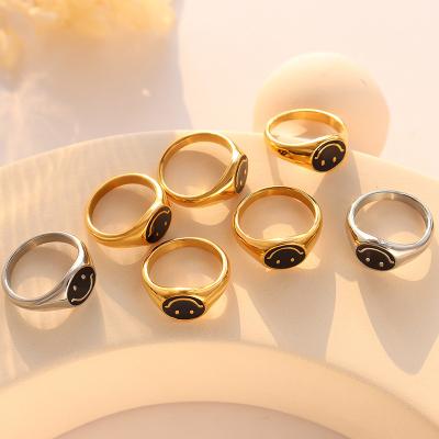 China Hiphop Wholesale 18k Gold Plated Cute Happy Smile Smiley Face Ring Stainless Steel Jewelry Narcissism Enamel For Women Girl for sale