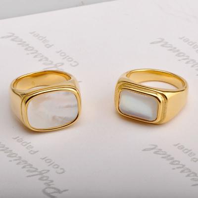 China Hiphop Vintage Jewelry Women's Real 18k Gold Plated Stainless Steel Wide Ring Hip Hop Natural Shell Chunky Square Finger Rings for sale