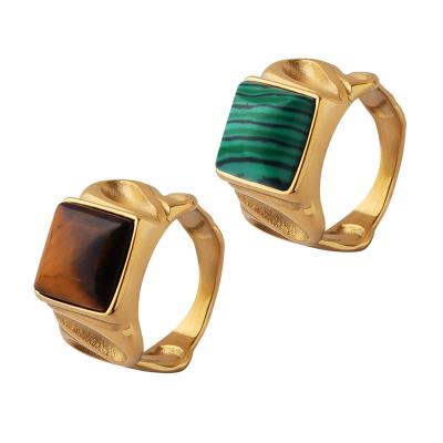 China Hip Hop Hip Hop 18K Gold Plated Stainless Steel Finger Ring Titanium Chunky Tiger Eye Stone Ring Irregular Green Natural Stone for sale