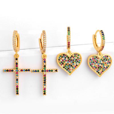 China Nickel& Huggie Lead Free Cross Sensitive Jewelry Rainbow Gold Women's Heart Zirconia Dangle Earrings Anti Allergy Pendientes Arcoiris for sale