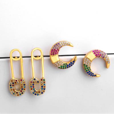 China Nickel& Cheap CZ Crescent Moon Studs Safety Pin Stud Earrings Aretes De Moda Rainbow 24k Gold Women Jewelry Lead Free Stud Earrings for sale