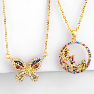 China 2020 Fashion Trendy Wholesale Micro Pave Butterfly Colorful Rainbow Circle Zircon Pendant Necklace For Gift Jewelry for sale