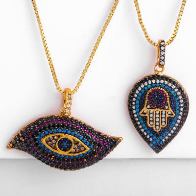 China Wholesale Fashion Men Jewelry Black Cubic Zircon Crystal Hamsa Evil Eye Rainbow Pendant Necklace For Party Gift for sale