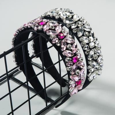 China New Fashion Vintage Hair Accessories Rhinestone Baroque Geometric Sponge Headband Full Wide Side Crystal Hairband Colorful for sale