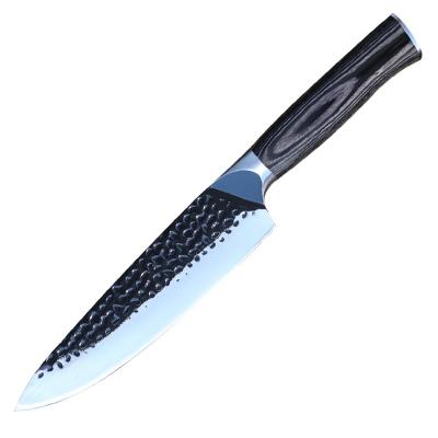 China Newest Viable Kitchen Knives 8inch 5cr15mov High Carbon Steel Sharp Blade Slicing With Hammering And Black Coating Chef Knife for sale