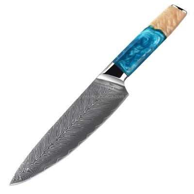 China Sustainable Wood Resin And Color Handle Kitchen Slicing Knife 67layers Damascus Steel Chef Knives With Newest Sharp Knife Blade Kitchen Tool for sale