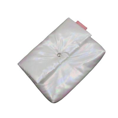 China Original RPET eco-friendly holographic white soft bag waterproof biodegradable cosmetic bag with buttons for sale