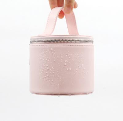 China Beautiful Rose Gauze Barrel Shape PU Style Waterproof PU Cosmetic Bag Preppy Multifunctional Water-based Cylindrical Bag Handle Shape Cosmetic Bag for sale