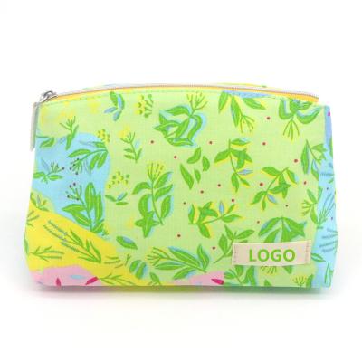 China Bohemian Spring Canvas Makeup Bag Present Eco-Friendly Letter Shape Floral Pattern Light Green Cotton Recycled Canvas Cosmetic Bag for sale