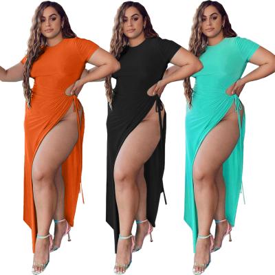 China Wholesale Trendy Elegant Dress Women Solid Color Short Sleeves Slit Bandage Party Dresses Maxi Long Maxi Dresses for sale