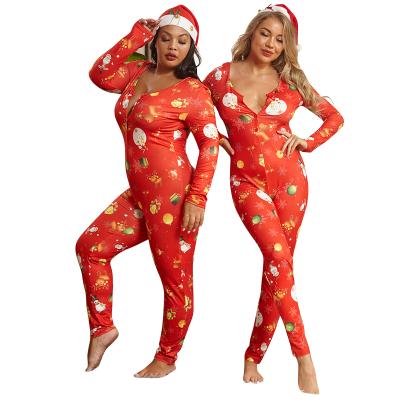 China Hot Sale QUICK DRY Printed Christmas Pajamas Set Casual Long Sleeve Jumpsuit Plus Size Women Christmas Jumpsuit for sale