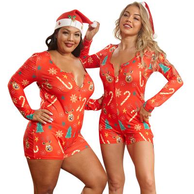 China Winter Fashion Christmas QUICK DRY Pajamas Stretch Long Sleeve Knitted Printed Overalls Plus Size Women's Sleepwear for sale