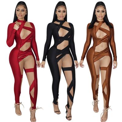 China Breathable Bodycon Breathable Overalls For Women Patchwork Mesh Sheer 2022 Sexy Nightclub Women Overalls Outfits Pants Overalls Stylish for sale