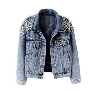 China High Quality Breathable Beaded Blue Jean Jackets Women Button Denim Jacket Casual Outfits For Women for sale