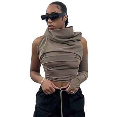 China 2022 Y2K Culture Pile Solid Sexy Slim Stylish Casual Concise Upper Breathable Backless Collar One Sleeve Hooded for sale