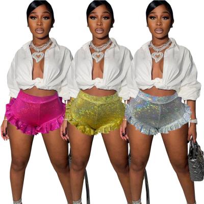 China New Breathable Ruffles Shorts Tops Booty 2021 Sexy Floral Glass Laser Women Waist Mini Shorts Bodycon Streetwear Outfits V Y2K for sale