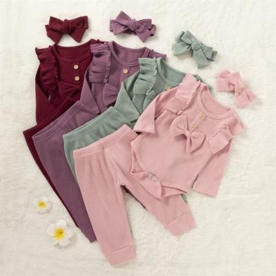 China 2021 Wholesale Casual Autumn Cotton Solid Romper Set Babies Ribbed Sets for sale