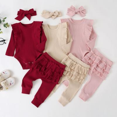 China Formal Wholesale 3 Pieces Ribbed Cotton Baby Clothes Girl Sets With Ruffle Pants for sale