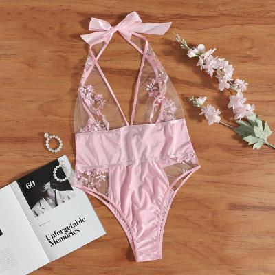 China New Fashion Alluring Female Sexy Big Pink Printed Tulle Neck Strap Underwear JUMPSUIT Sexy Underwear Women for sale