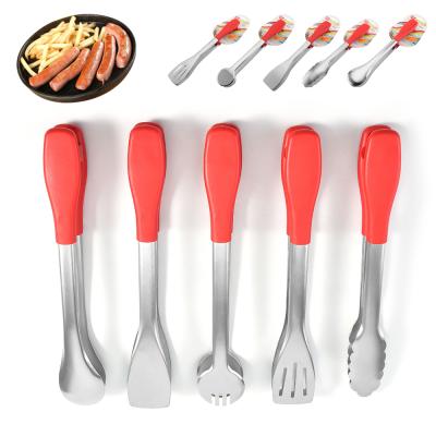 China Sustainable Set of 5 BBQ Accessories Metal Kitchen Serving Tongs with Red Silicone Handle for sale