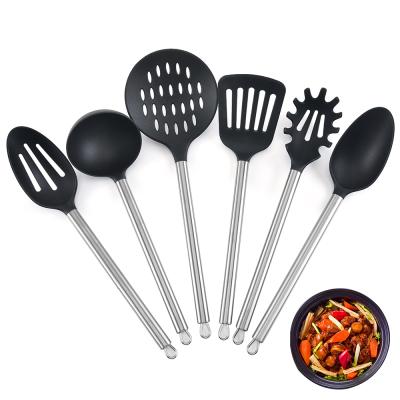 China Sustainable Food Grade 6pcs Black Plastic Cookware Set Cooking Utensils Set With Stainless Steel Handle for sale