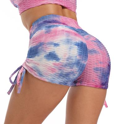 China QUICK DRY Running Shorts Sports Fitness Bubble Fashion Waist Tie Dye High Top Shorts Women's Yoga Shorts for sale