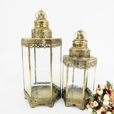 China Vintage Style Garden Decoration Outdoor Decor Lantern Rustic Wrought Gold Metal Classic Lantern for sale