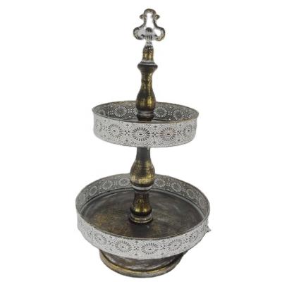 China European Antique Gray Metal 2 Tier Round Gold Tray for sale