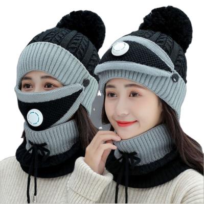 China Newest COMMON 2020 Breather Valve Design Winter Heavy Hat Scarf Mask Set , Warm Knit Beanie Hat And Scarf For Fashion Women for sale