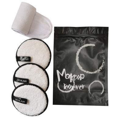 China Beauty Care Reusable Microfiber Makeup Remover Facial Pads With Blindfold Set With Cosmetic Bag Like Halo for sale