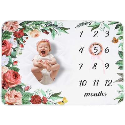 China Custom Flower Flannel Printing Baby Calendar Milestone Folded Monthly Blanket for Photography for sale