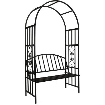 China Easily Assembled Rustproof Wrought Iron Garden Plant Trellis Climbing Arch With Bench for sale