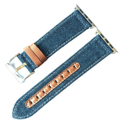 China Wholesale Genuine Leather Watch Strap Leather Canvas Watch Band For Apple iwatch 40/44mm for sale