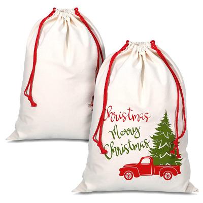 China Sublimation White MERRY CHRISTMAS Custom Cotton SIZE Drawstring Handled Pouch BIG Bags Logo Printed Gift Double St Eco Friendly Reusable for sale