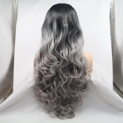 China Dark Roots of Gray Ombre Wigs Gray Hair Long Wave Silky Straight Wavy Synthetic Wig for sale