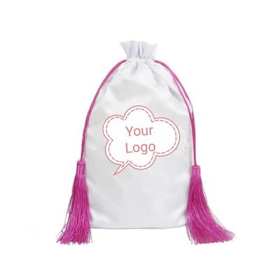 China Wholesale Printed Gift Hair Satin Packaging Bags With Pink Tassel For 3 Or 4 Bundles for sale