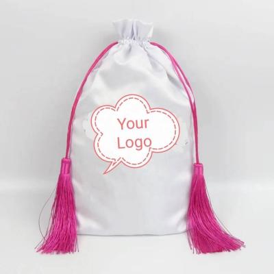 China Gift Drawstring Satin Extension Hair Silk Bag With Logo And Tassel Custom Made for sale