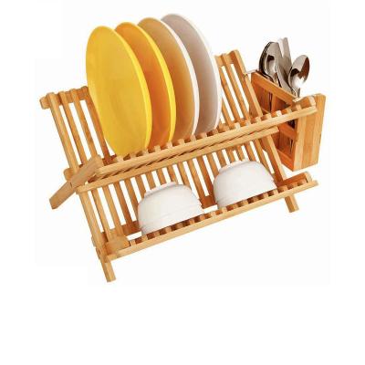 China Morden 2 Tier Luxury Folding Bamboo Dish Drying Rack With Utensils Kitchen Rack Dish Rack for sale