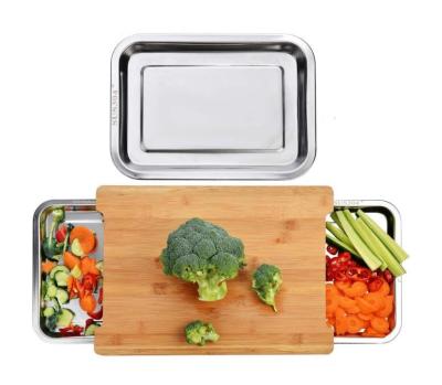 China Large Sustainable Bamboo Chopper Sets With Slide-in Stainless Steel Trays Wood Cutting Board With Tray for sale