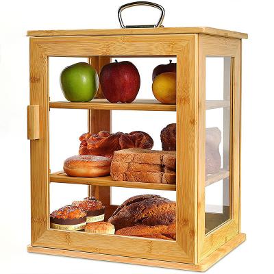 China Sustainable Portable Large 3 Layer Bamboo Bread Box With All Clear Windows For Kitchen Countertop for sale