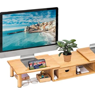 China Desktop Foldable Adjustable Drinking Monitor TV Bamboo Stand With Drawer for sale