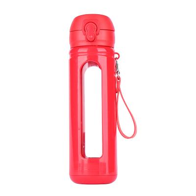 China Food Flip Multicolor Bouncing Jump Lid Borosilicate Glass Drinking Bottle With Plastic Sleeve Glass Plastic Bottle for sale